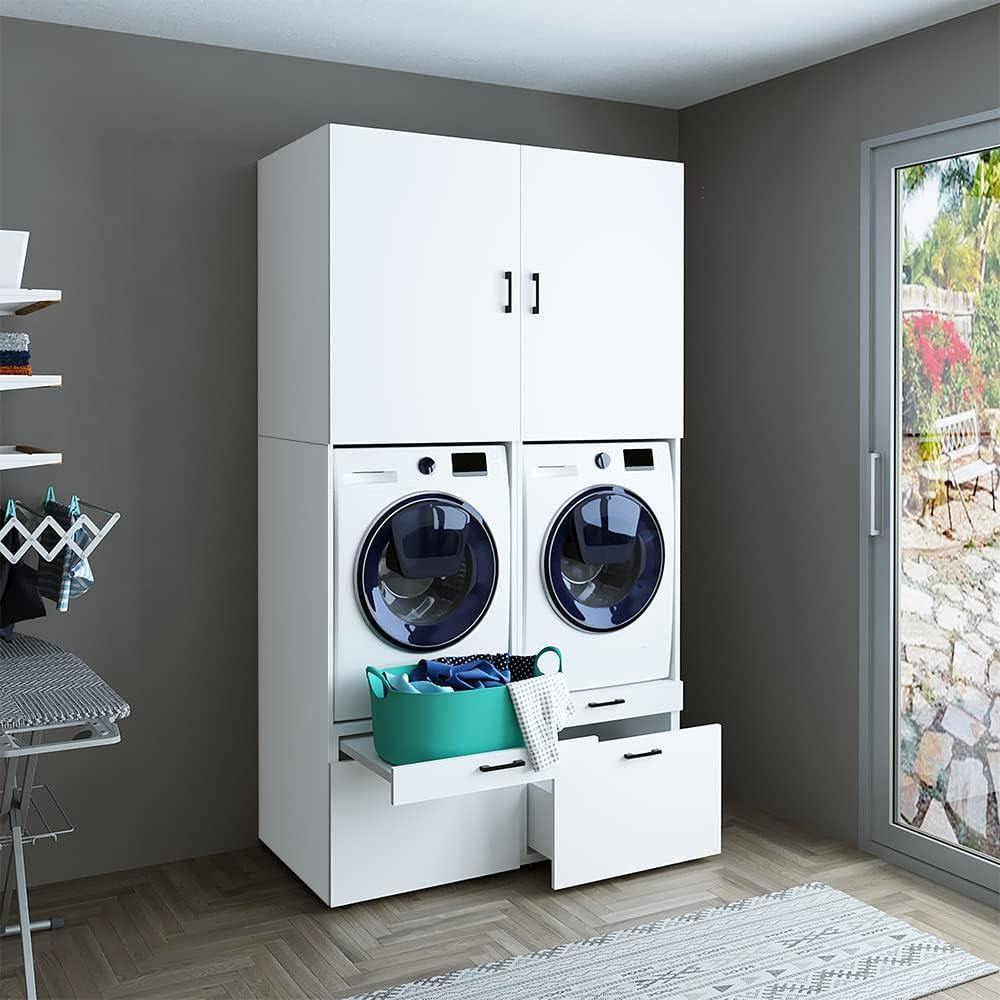 Roomart Waschmaschinenschrank für Trockner & Waschmaschine, in 3 Farben,  mit Ausziehbrett • Weiß • Eiche • Schwarz Eiche