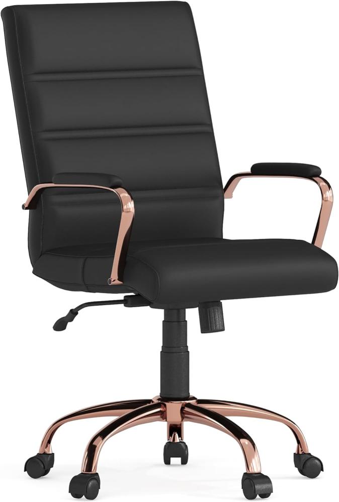Flash Furniture Whitney Schreibtischstuhl mit mittlerer Rückenlehne, weiches Leder, Drehstuhl, Bürostuhl mit rotgoldenem Rahmen, Schwarz Bild 1