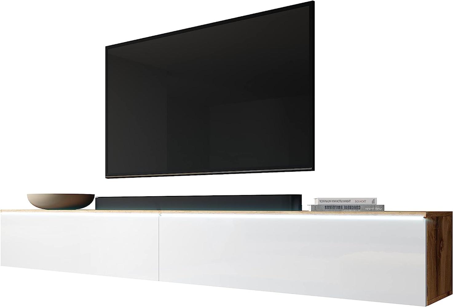 Furnix TV Lowboard Bargo Fernsehschrank Weiß ohne LED-Beleuchtung B200 x H34 x T32 cm - TV-Schrank Kommode Sideboard, 2 Fächer mit Tür „Push-Click“, 2 offene Ablagen unten, Wandmontage möglich Bild 1