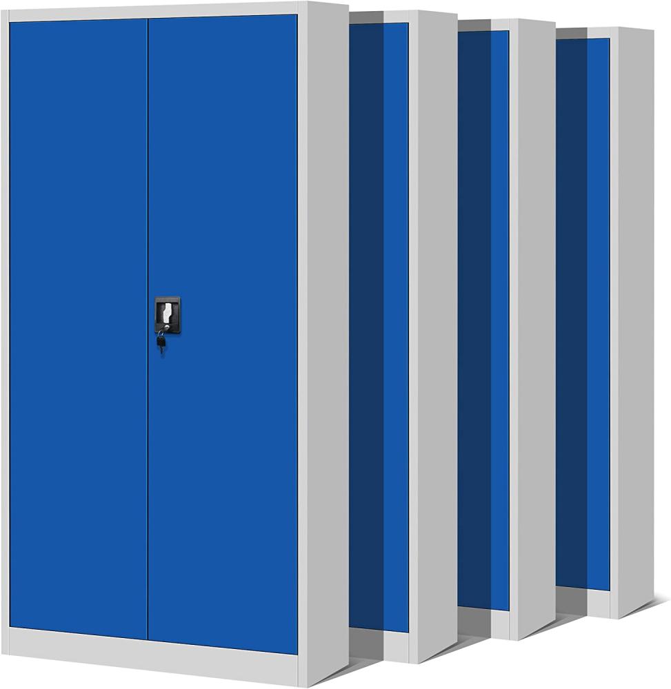 4er Set Aktenschrank C001H Büroschrank Metallschrank Stahlschrank Werkzeugschrank Stahlblech Pulverbeschichtet Flügeltürschrank Abschließbar 195 cm x 90 cm x 40 cm (grau/blau) Bild 1