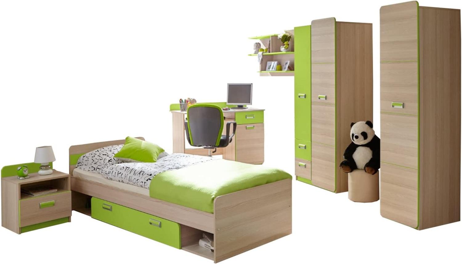 Ticaa 'Junis' 6-tlg. Kinderzimmer-Set, beige/grün, aus Bett 80x190 cm, Kleiderschrank, Schreibtisch, Standregal, Nachtkommode und Hängeregal Bild 1