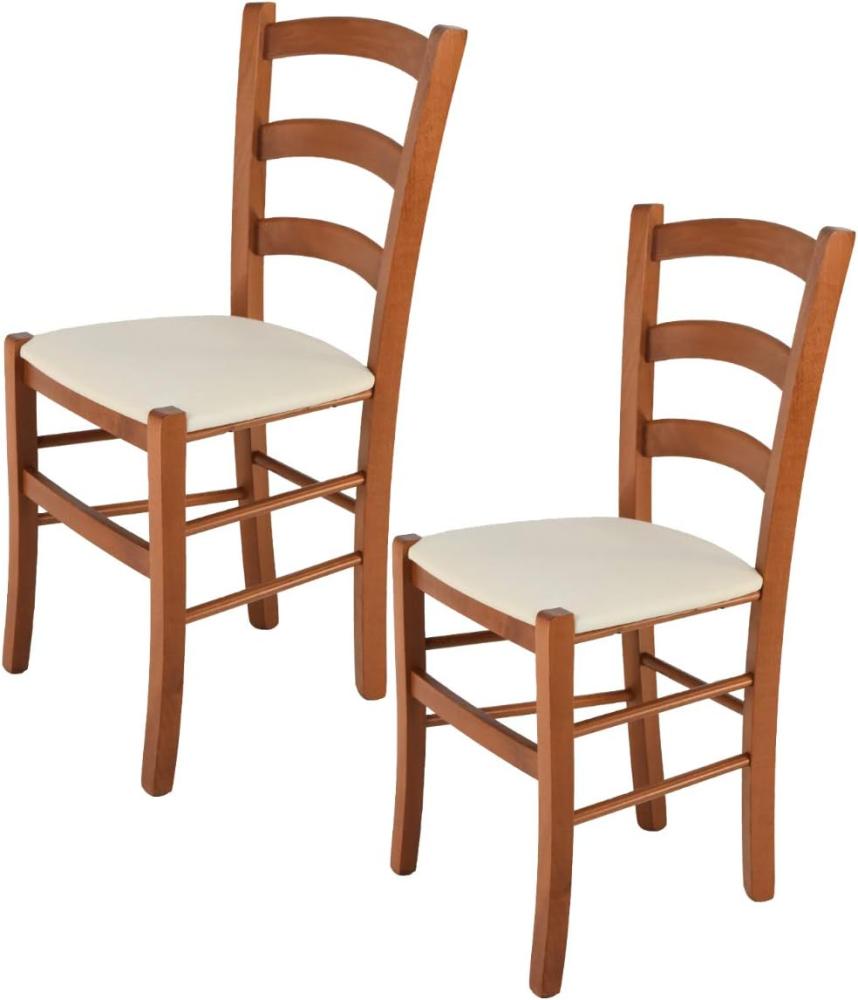 Tommychairs - 2er Set Stühle Venice für Küche und Esszimmer, Struktur aus lackiertem Buchenholz im Farbton Kirschholz und gepolsterte gepolsterte Sitzfläche mit Stoff in der Farbe Elfenbein bezogen Bild 1