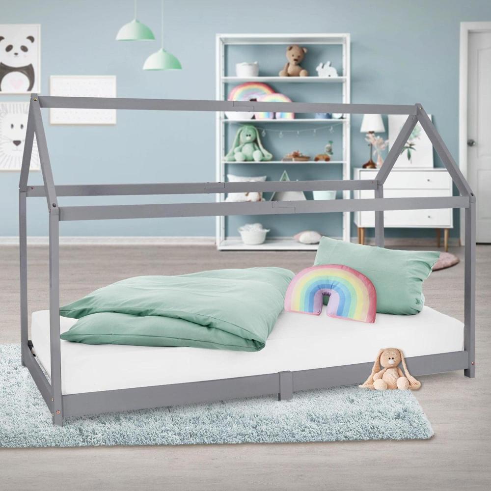 Kinderbett mit Dach und Lattenrost 90x200 cm HellGrau aus Kiefernholz ML-Design Bild 1