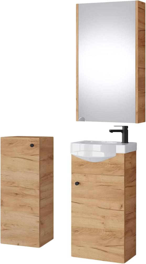 Planetmöbel Badset komplett aus Unterschrank 40cm mit Waschbecken, Spiegelschrank und 1x Midischrank in Gold Eiche, Komplettset für Badezimmer 4-teilig Bild 1