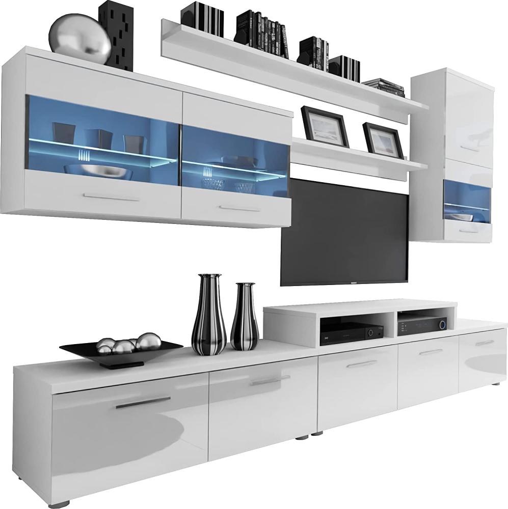 Domando Wohnwand Loano Modern für Wohnzimmer Breite 250cm, LED Beleuchtung in Weiß, Hochglanz in Weiß Matt und Weiß Hochglanz Bild 1