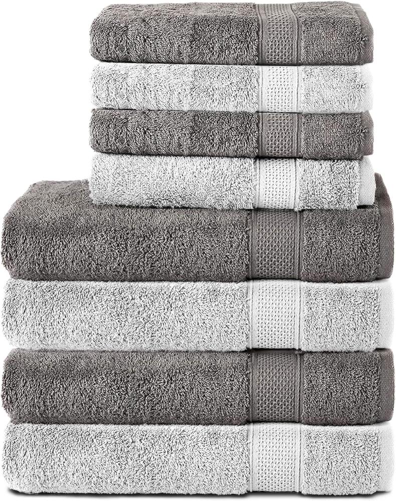 Komfortec 8er Handtuch Set aus 100% Baumwolle, 4 Badetücher 70x140 und 4 Handtücher 50x100 cm, Frottee, Weich, Towel, Groß, Anthrazit/Weiß Bild 1