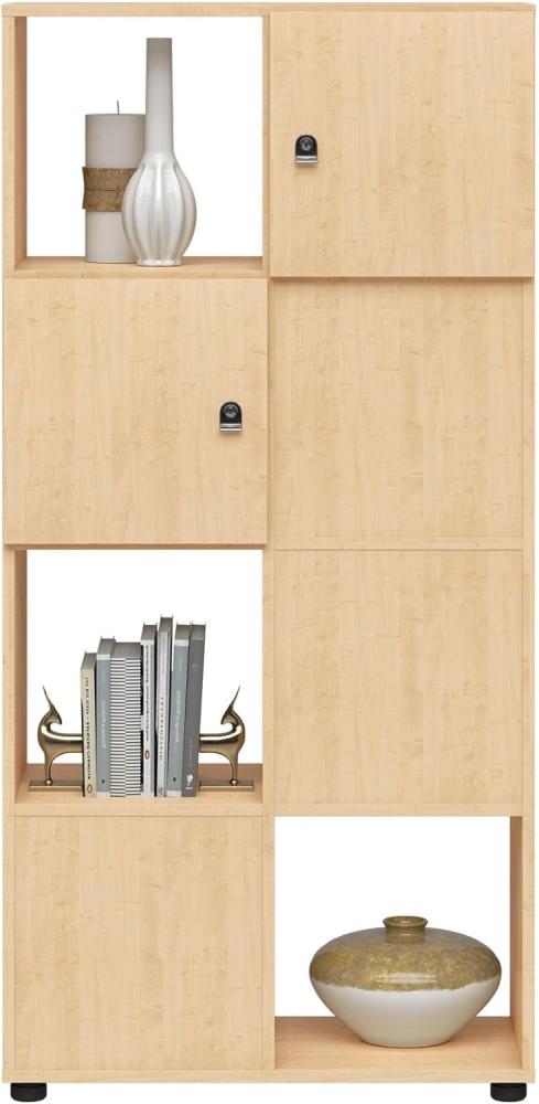 Kubbi Konfiguration A, mit 4 Schließfächern inklusive Zylinderschloss, 1 Fach mit Rückwand und 3 offenen Fächern. Maße: H 1640 x B 800 x T 436 mm, Dekor 014 Ahorn Bild 1