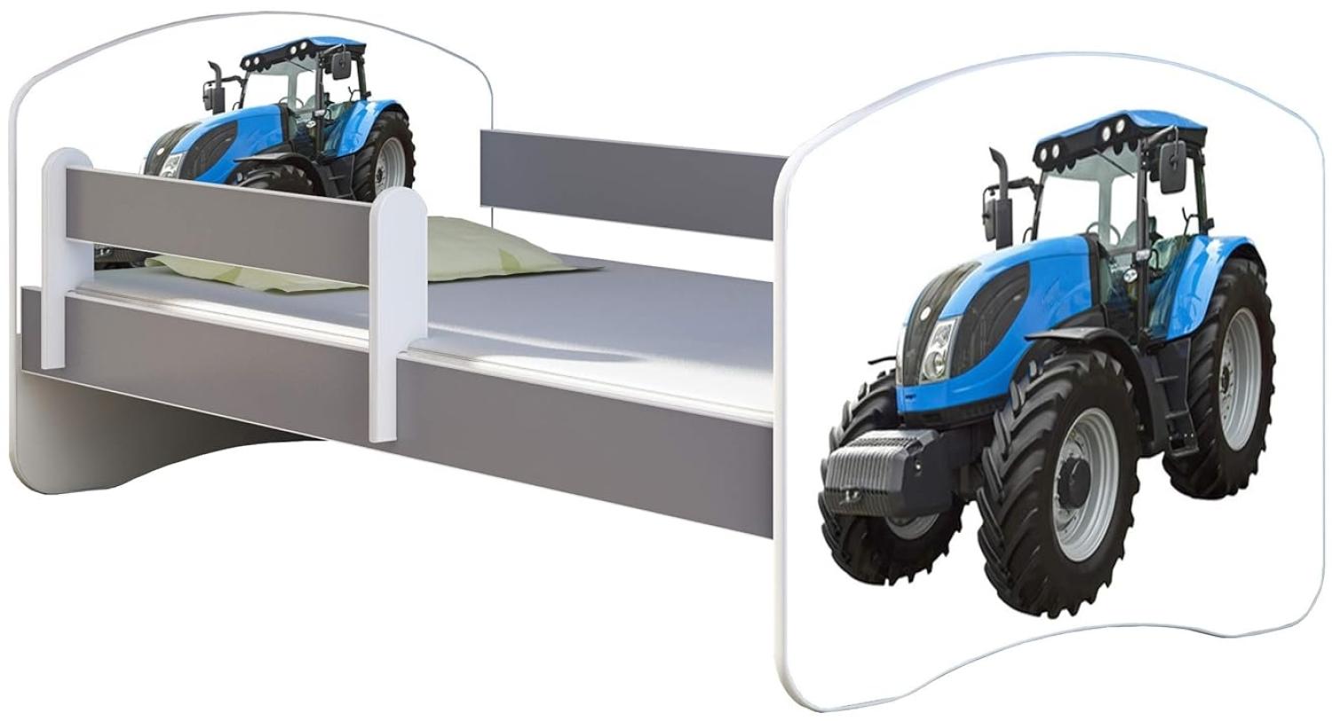 ACMA Kinderbett Jugendbett mit Einer Schublade und Matratze Grau mit Rausfallschutz Lattenrost II (42 Traktor, 180x80) Bild 1