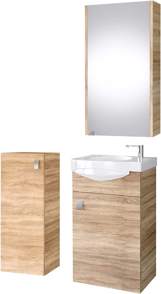 Planetmöbel Badset komplett aus Unterschrank 40cm mit Waschbecken, Spiegelschrank und 1x Midischrank in Sonoma Eiche, Komplettset für Badezimmer 4-teilig Bild 1