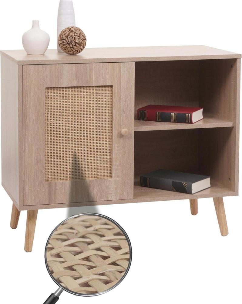 Kommode HWC-M39, Schrank Highboard, Staufach, Kubu Rattan Holz Melamin, 67x80x38cm Eiche-Optik Bild 1