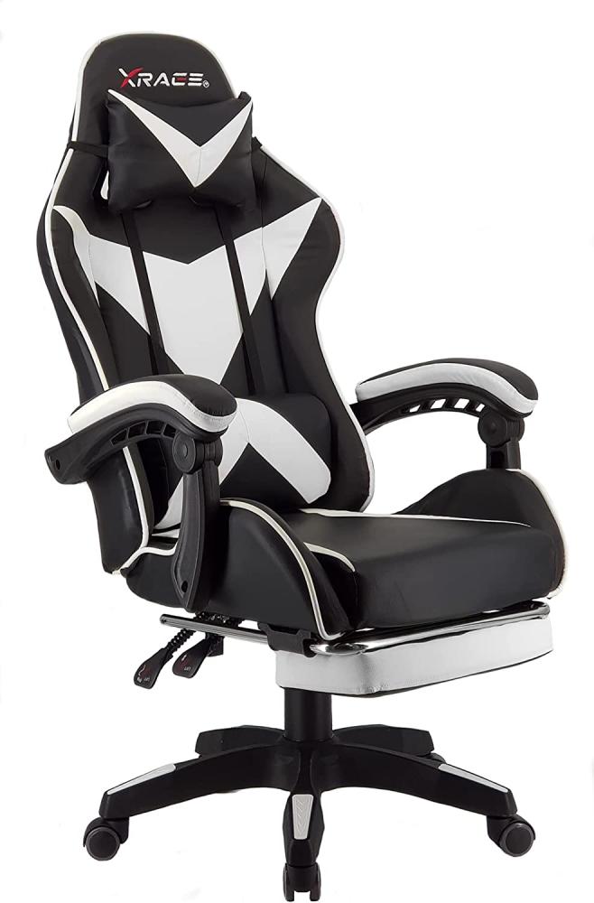 xRace Gaming-Stuhl Hoher Drehstuhl aus Leder mit Lendenwirbelstütze, Kopfstütze und Fußstütze, verstellbar, neigbar, Rennstil (weiß) Bild 1