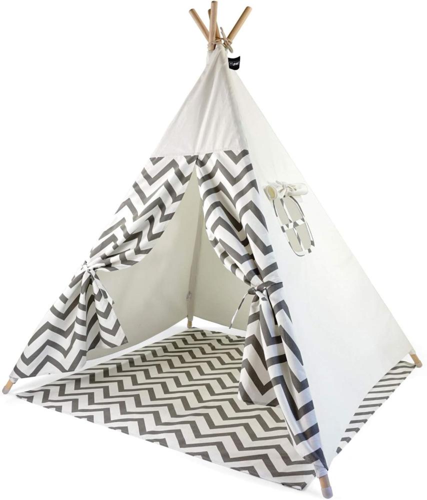 Hej Lønne Kinder Tipi, weißes Zelt mit grauen Zacken, ca. 120 x 120 x 150 cm groß, Spielzelt mit Bodendecke und Fenster, inkl. Beutel und Anleitung, für drinnen und draußen, schadstofffrei Bild 1