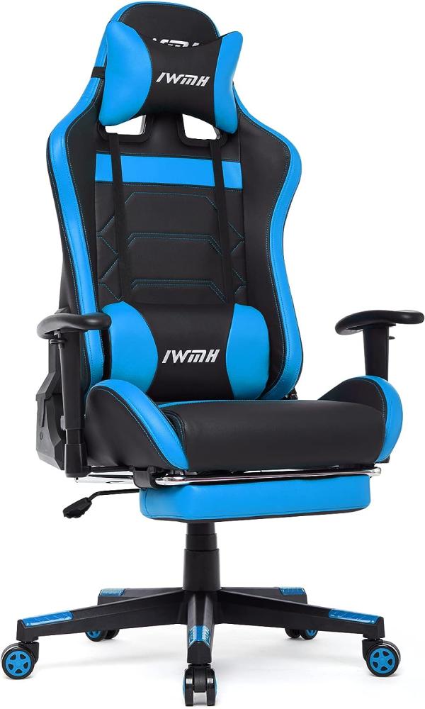 IntimaTe WM Heart Gaming Stuhl, Ergonomischer Gamer Stuhl mit Fußstütze, Racing Bürostuhl, PU Drehstuhl mit hoher Rückenlehne und Lendenwirbelstütze (Blau) Bild 1