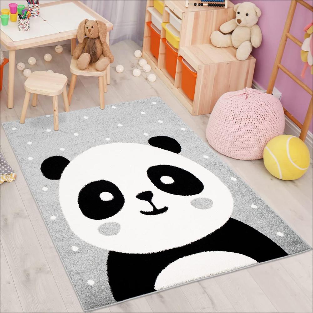 carpet city Kinderteppich Bubble Kids Flachflor Panda-Bär, weiß gepunktet in Grau für Kinderzimmer; Größe: 160x225 cm Bild 1
