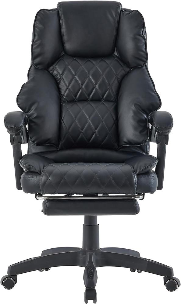 Bürostuhl mit Fußstütze und flexiblen 3-Punkt-Armlehnen - Schreibtischstuhl im Lederoptik-Design - ergonomischer Bürostuhl mit einer verstellbaren Rückenlehne für gesündere Sitzhaltung Schwarz Bild 1