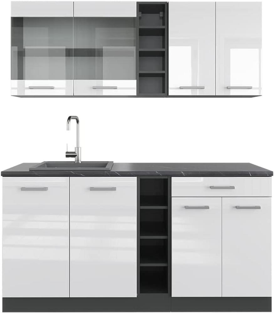 Vicco Küchenzeile Einbauküche Küchenschränke R-Line Anthrazit Küchenmöbel (Anthrazit-Weiß Hochglanz, Single 160 cm) Bild 1