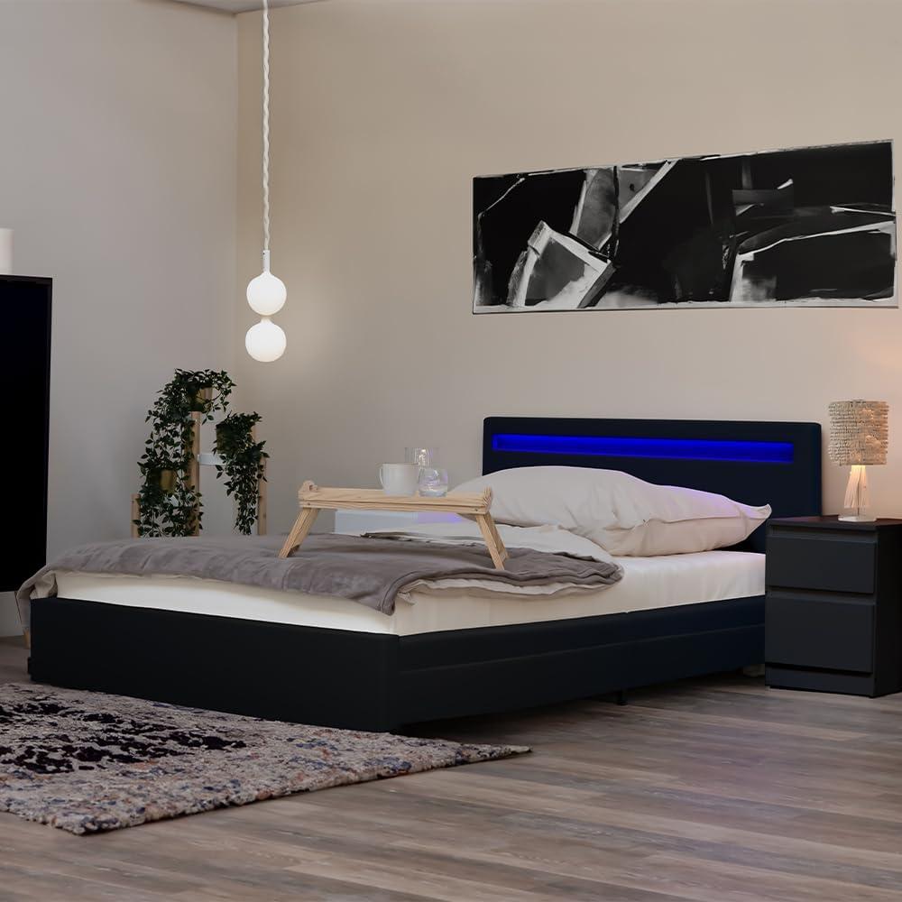 HOME DELUXE - LED Bett NUBE - Schwarz, 140 x 200 cm - inkl. Lattenrost und Schubladen I Polsterbett Design Bett inkl. Beleuchtung… Bild 1