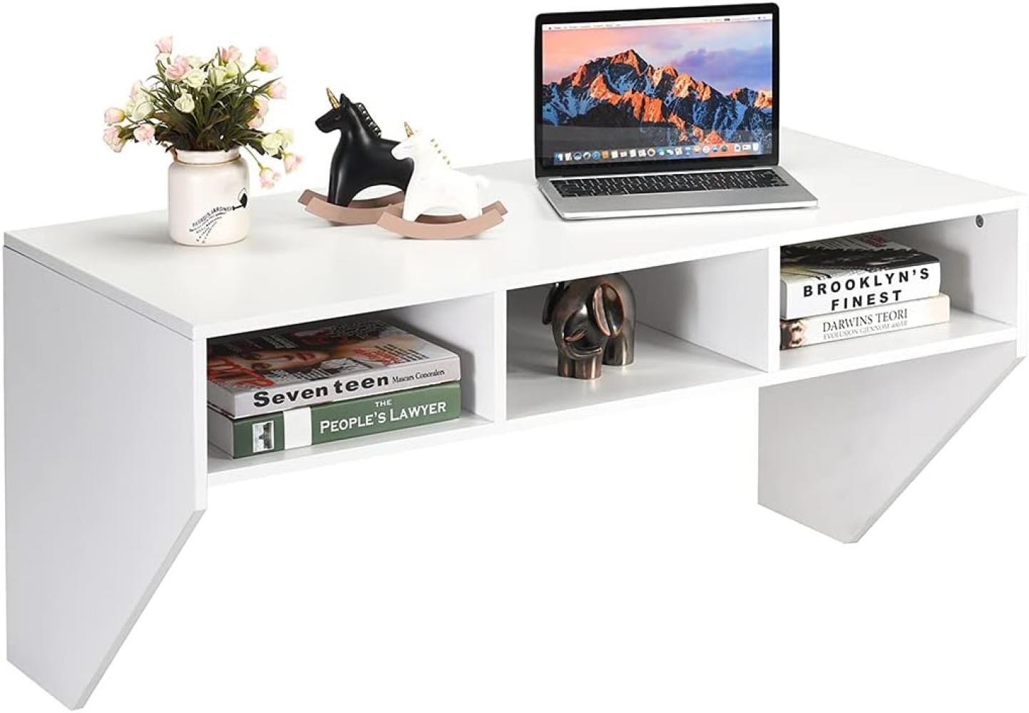 COSTWAY Wandtisch Wandmontierbarer Computertisch mit 3 Ablageflächen Wandregal Holz für Küche Wohnzimmer Büro Weiß Bild 1