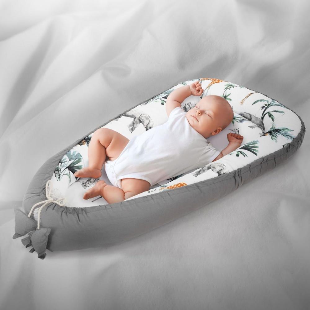 Joyz Babynest, Safari, Dunkelgrau, 90x50cm, Baumwolle, zweiseitig, antiallergisch, tragbar, Multifunktionale Babynestchen, Kokon Babys & Säuglinge, Baby Nest Babybett Neugeborene Kuschelnest Reisebett Bild 1