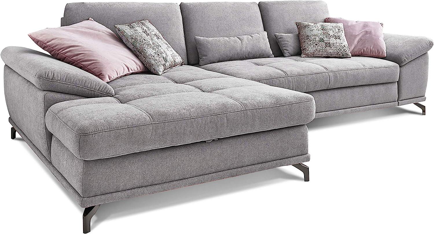 Cavadore L-Form-Sofa Castiel mit Federkern / Große Eckcouch mit Sitztiefenverstellung und XL-Longchair / 312 x 89 x 173 / Webstoff, Hellgrau Bild 1