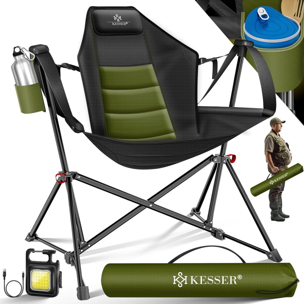 KESSER® Campingstuhl faltbar bis 160 kg | Angelstuhl Faltstuhl Klappstuhl Gepolstert mit Armlehnen | Campinglicht und Getränkehalter + Tasche mit hoher Rückenlehne | Strandstuhl mit Wippfunktion Khaki / Schwarz Bild 1