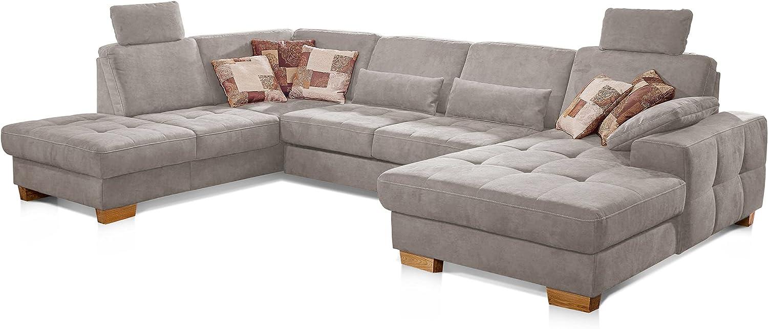 CAVADORE Wohnlandschaft Puccino mit Federkern, Bettfunktion, Bettkasten, Sitztiefenverstellung und 2 Kopfstützen / Sofa in U-Form im Landhausstil / 340 x 86 x 224 cm / Mikrofaser Hellgrau Bild 1