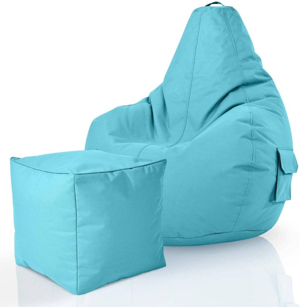 Green Bean© 2er Set Sitzsack + Hocker "Cozy+Cube" - fertig befüllt - Bean Bag Bodenkissen Lounge Sitzhocker Gamingstuhl Pouf - Aquamarin Bild 1