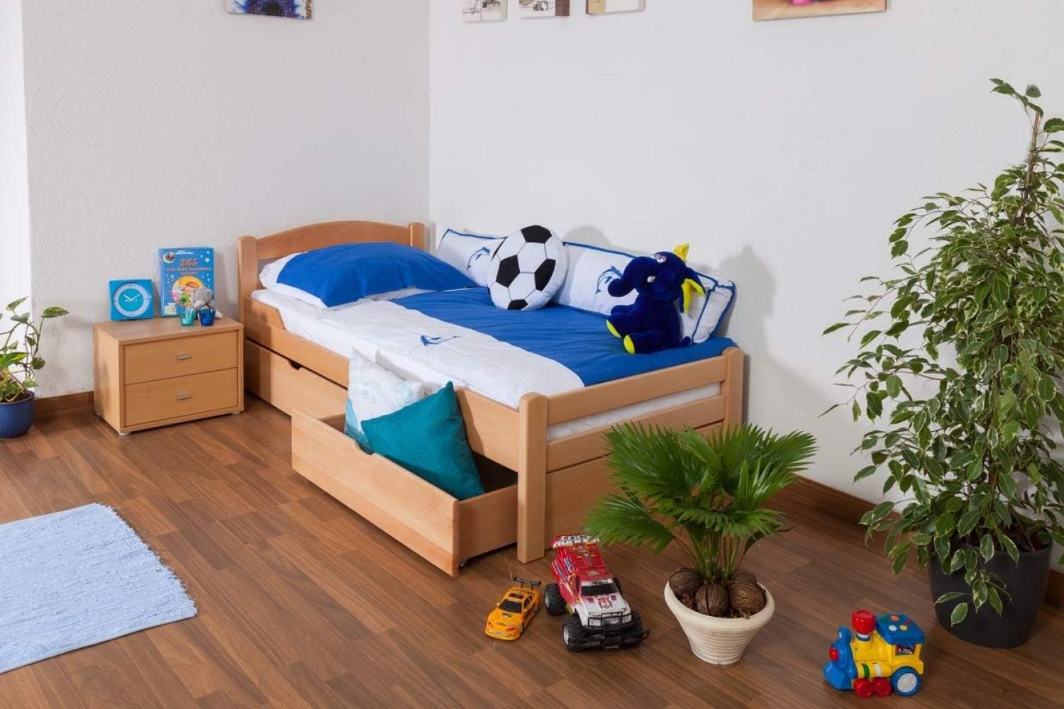 Kinderbett / Jugendbett \"Easy Premium Line\" K1/2n inkl. 2 Schubladen und 2 Abdeckblenden, 90 x 200 cm Buche Vollholz massiv Natur Bild 1