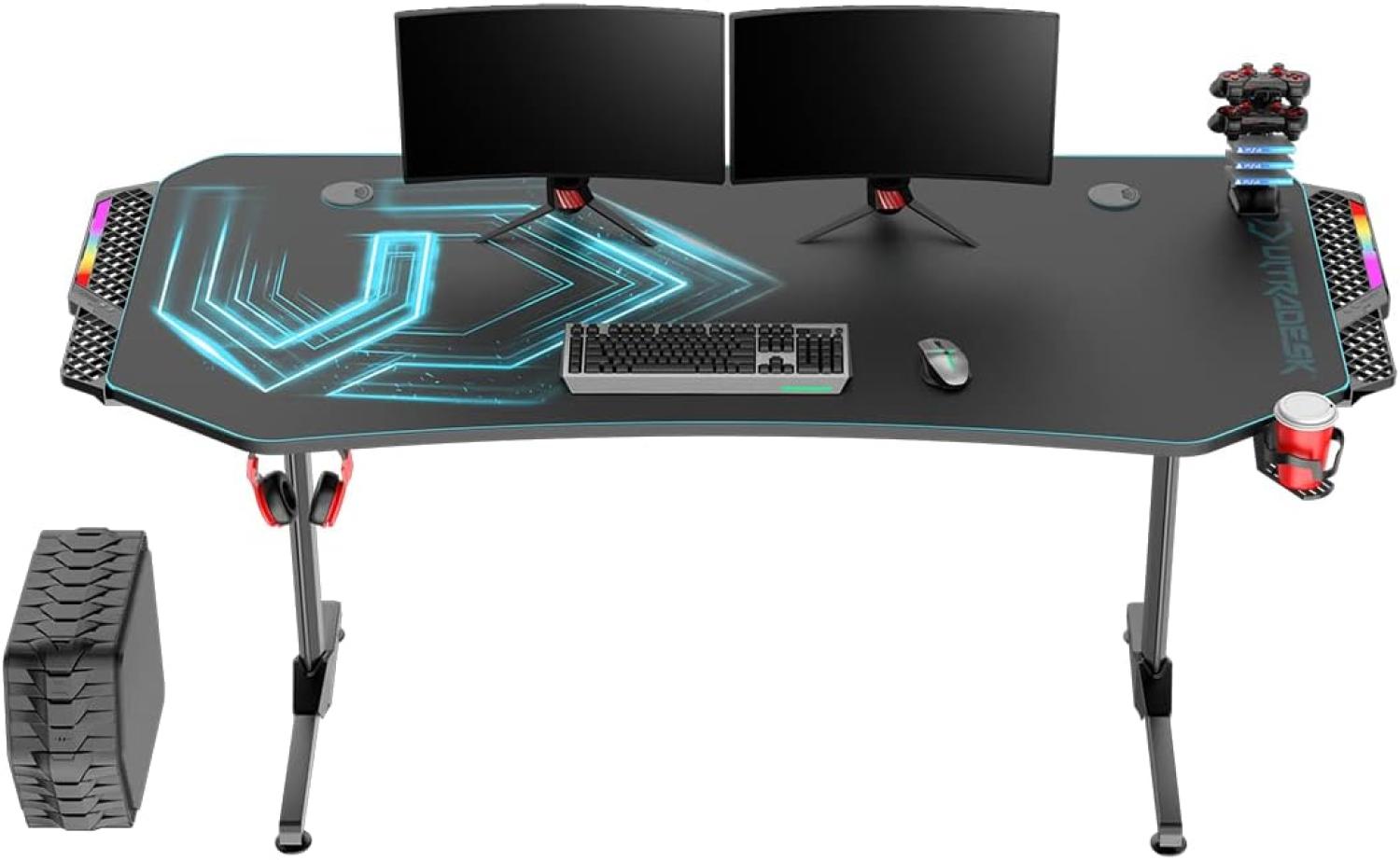 ULTRADESK Frag XXL RGB LED 160x75 cm + Throne Gaming Stuhl, Gamer Tisch mit großer Arbeitsfläche & XXL-Pad, 2 Kabeldurchlässe, Fach für Steckdosenleisten, Stahlgestell, Blau Bild 1