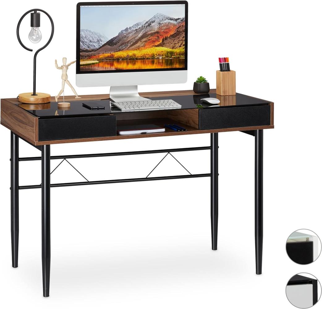 Relaxdays Schreibtisch Glas, Kabeldurchführung, Bürotisch mit Schubladen, PC Glastisch, HBT 78 x 110 x 55 cm, Holzoptik Bild 1