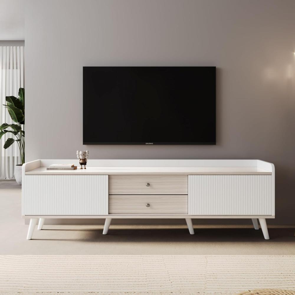 Merax Lowboard mit 2 Schubladen in Holzoptik und 2 Schiebetüren, TV-Board mit verstellbaren Einlegeböden, TV-Schrank, Weiß & Eiche Bild 1