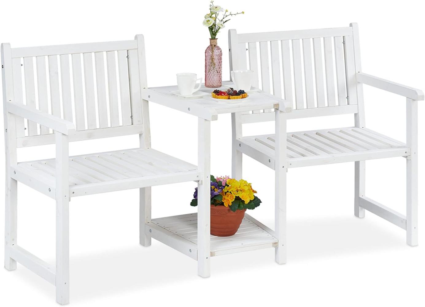Relaxdays Gartenbank mit integriertem Tisch, 2-Sitzer, robuste Holz Sitzbank, HBT: 86x161x61 cm, Garten & Balkon, weiß Bild 1