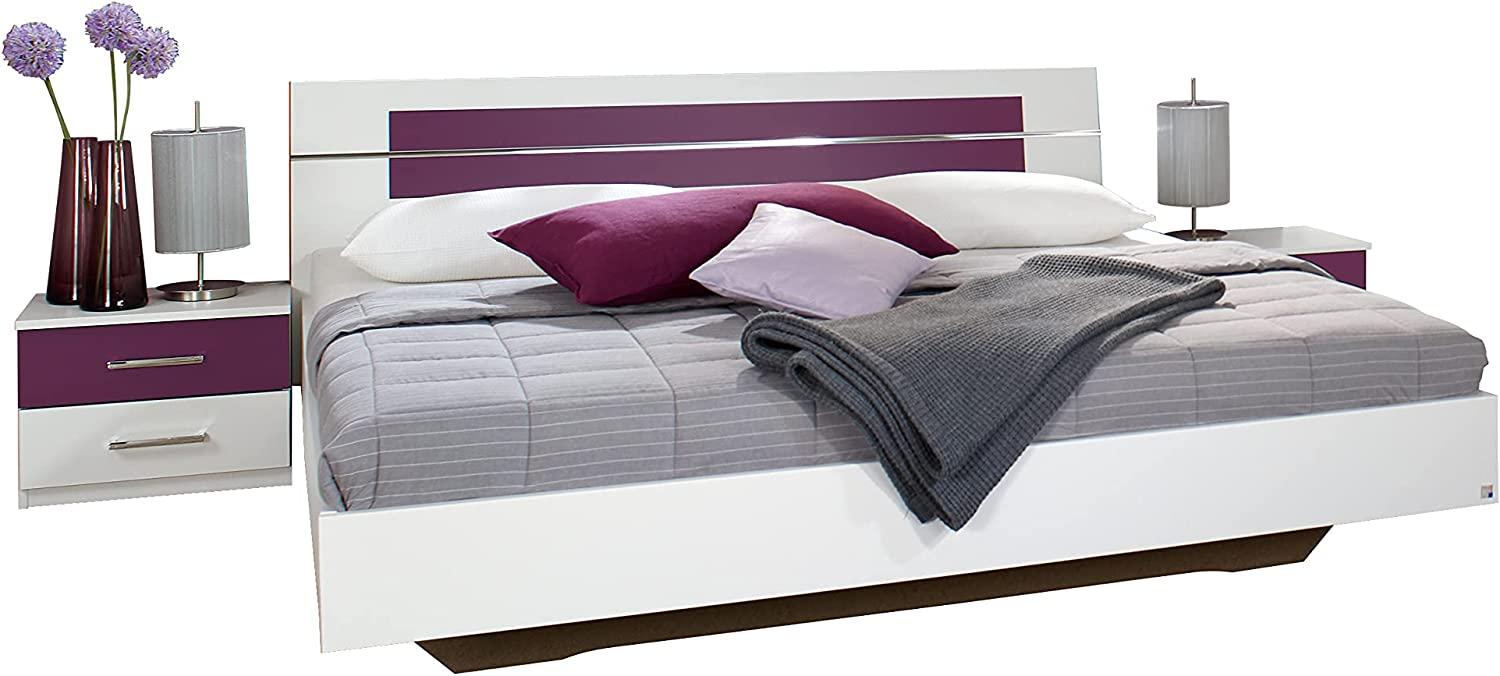 Rauch Möbel Burano Bett Doppelbett mit 2 Nachttischen, Weiß / Brombeer, Liegefläche 160x200 cm, Stellmaß Bett-Anlage inklusive Nachttische BxHxT 265x82x213 cm Bild 1