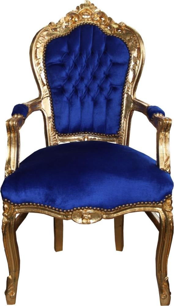 Casa Padrino Barock Esszimmerstuhl Blau / Gold mit Armlehnen - Stuhl - Barockstuhl - Möbel Bild 1
