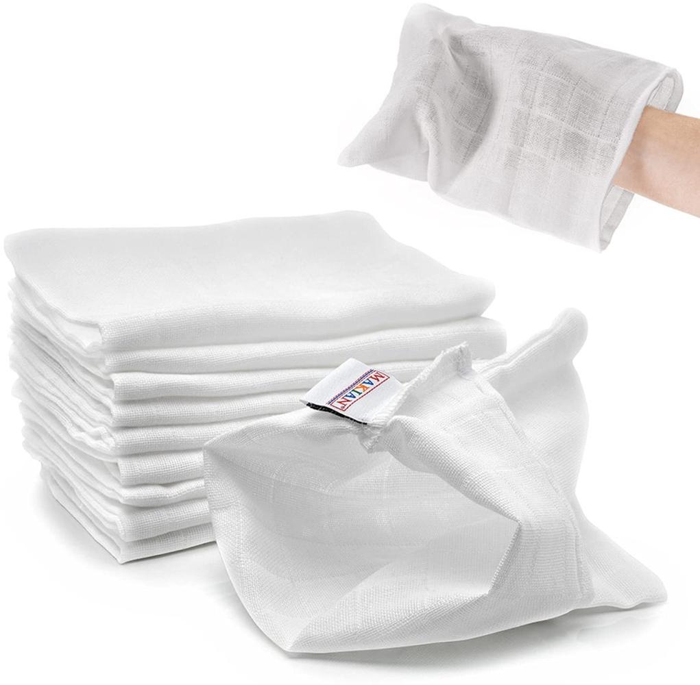 Makian Baby Waschlappen Set - 10 Stück weiche Mull Waschhandschuhe aus 100% Baumwolle, kleine Kinder Babywaschlappen (20x17 cm), ÖKO-TEX Standard 100 geprüft - Weiß Bild 1