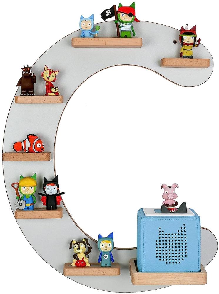 MR TEDDY BEAR Kinderregal Buchstabe C | Holzregal für Toniebox und Tonies | Tonie-Regal hergestellt in der EU | Wandregal zum Spielen und Sammeln | Für Mädchen und Jungen | im C Design in Grau Bild 1