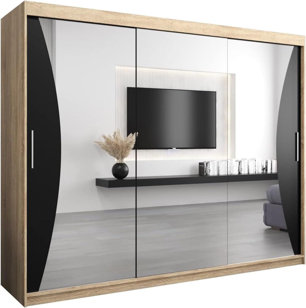 Kryspol Schwebetürenschrank Monaco 250 cm mit Spiegel Kleiderschrank mit Kleiderstange und Einlegeboden Schlafzimmer- Wohnzimmerschrank Schiebetüren Modern Design (Sonoma + Schwarz) Bild 1