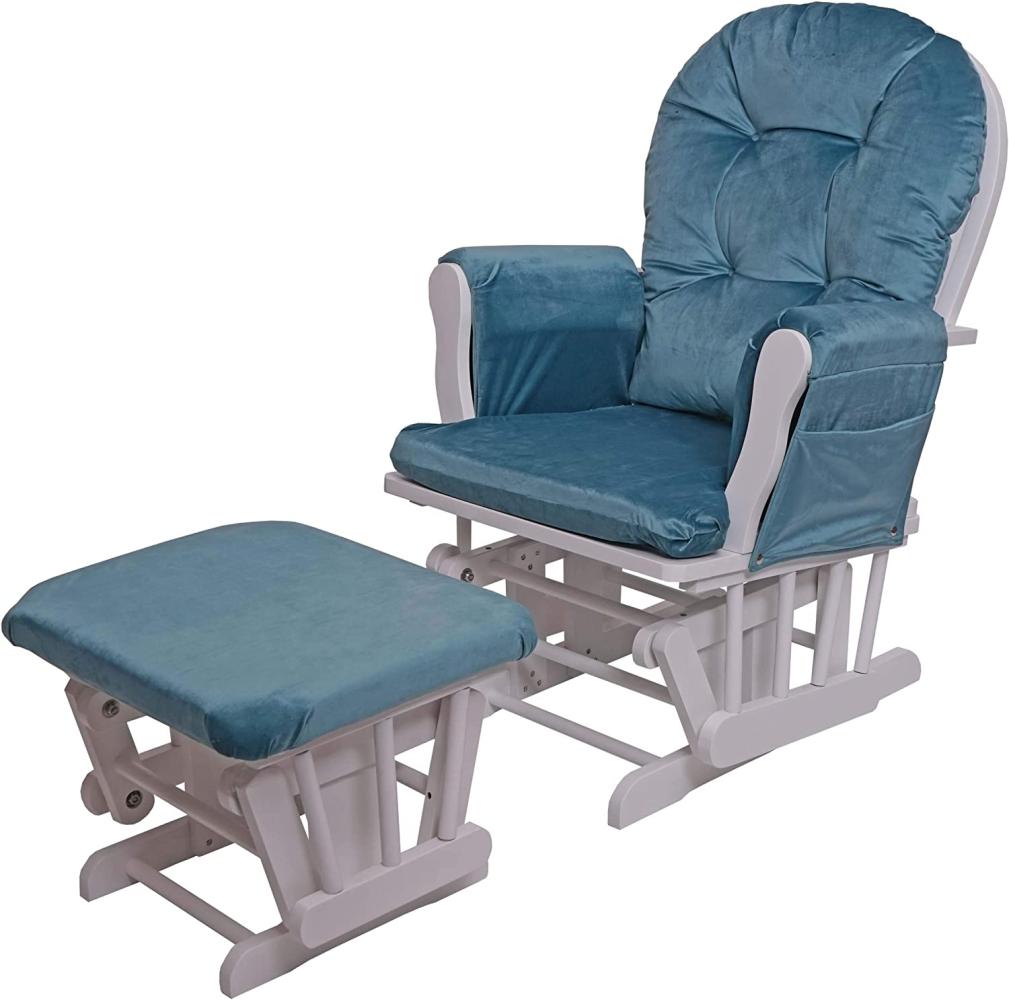 Relaxsessel HWC-C76, Schaukelstuhl Sessel Schwingstuhl mit Hocker ~ Samt, blau, Gestell weiß Bild 1