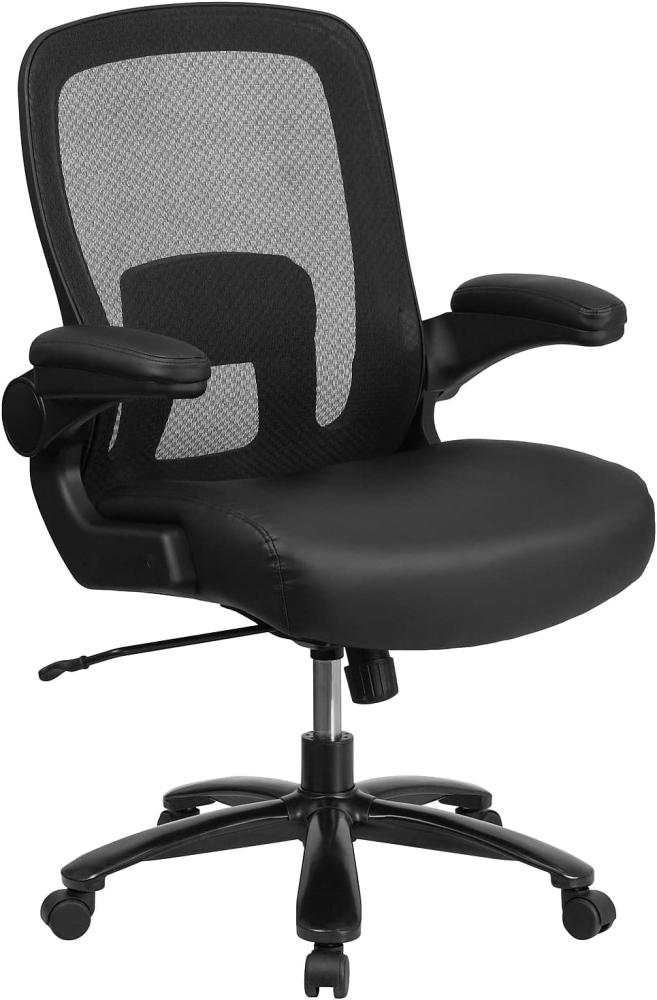 Flash Furniture Big & Tall Büro- und Gaming-Stuhl mit Lederweicher Sitzfläche, Netz-Bürostuhl mit hochklappbaren Armlehnen und Verstellbarer Höhe, Schwarz Bild 1