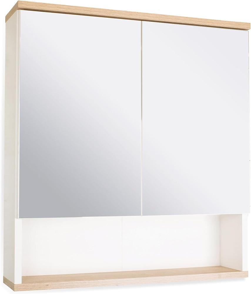 BadeDu ARC Spiegelschrank mit zusätzlicher Ablage – Alibertschrank für das Badezimmer (60 cm x 65 cm x 16 cm) – Badezimmer-Spiegelschrank mit Holz in Weiß und Eiche Bild 1