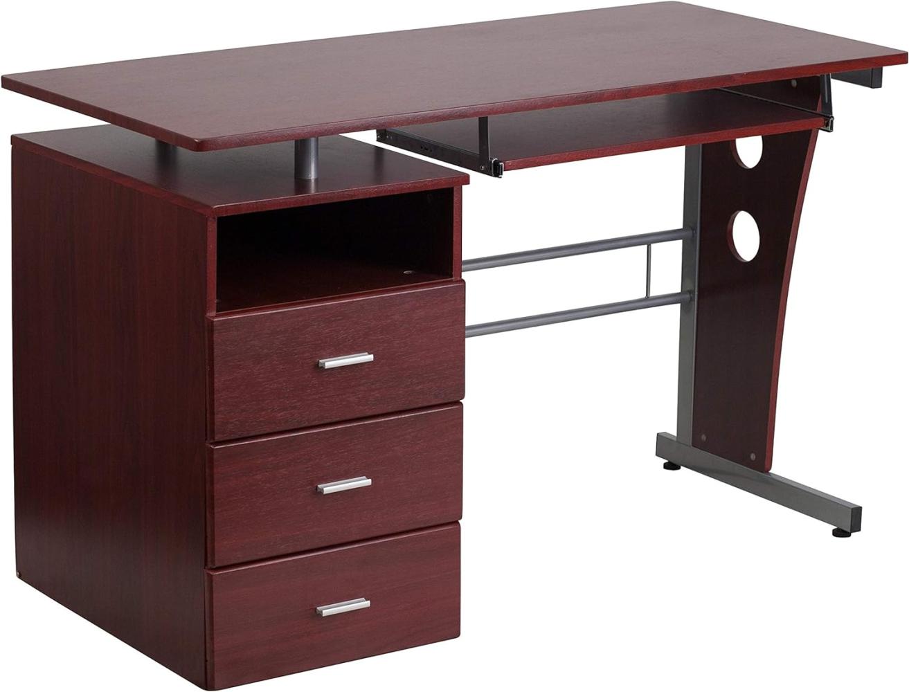 Flash Furniture Computertisch mit DREI Schubladen und ausziehbarer Tastaturablage, Holzwerkstoff, Mahagoni, Set of 1 Bild 1