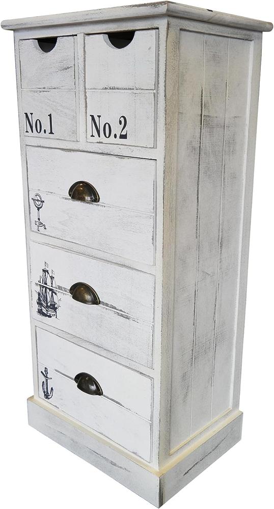 Kommode Leila 40 x 30 x 86 cm Paulownia-Holz Weiß mit 5 Schubladen und Aufdruck Bild 1