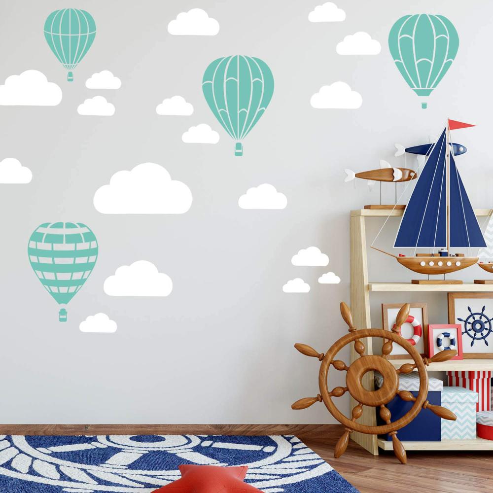 Heißluftballon & Wolken Aufkleber Wandtattoo Himmel | Wandbild 6x DIN A4 Bögen | Sticker Kinder Kinderzimmer Deko Ballons (Mint) Bild 1
