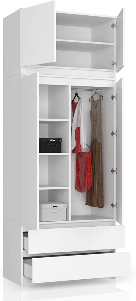 BDW Kleiderschrank 4 Türen, 4 Einlegeböden, Kleiderbügel, 2 Schubladen Kleiderschrank für das Schlafzimmer Wohnzimmer Diele 234x90x51cm (Weiß) Bild 1
