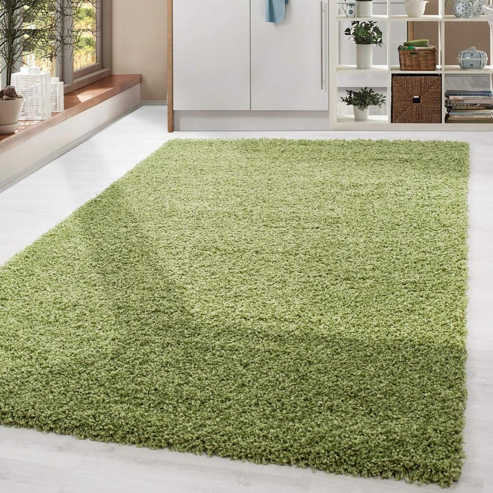 HomebyHome Shaggy Hochflor Teppich Wohnzimmer 140x200 cm Grün - Teppich Flauschig, Modern, Plüsch und Extra Weich - Ideal für Schlafzimmer, Esszimmer und als Küchenteppich Bild 1