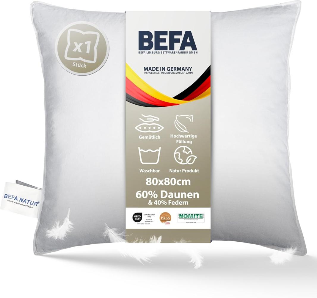 Made in Germany BEFA Natur Kopfkissen 80x80 cm mit 60% Daunen & 40% Federn Klasse 1, weiß, Füllgewicht: 900g. Allergiker geeignet (nomite), Downpass Bild 1