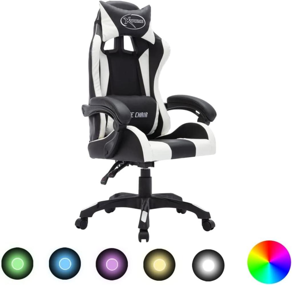 vidaXL Gaming Stuhl mit RGB LED-Leuchten Höhenverstellbar Chefsessel Bürostuhl Drehstuhl Schreibtischstuhl Sportsitz Racing Weiß Schwarz Kunstleder Bild 1