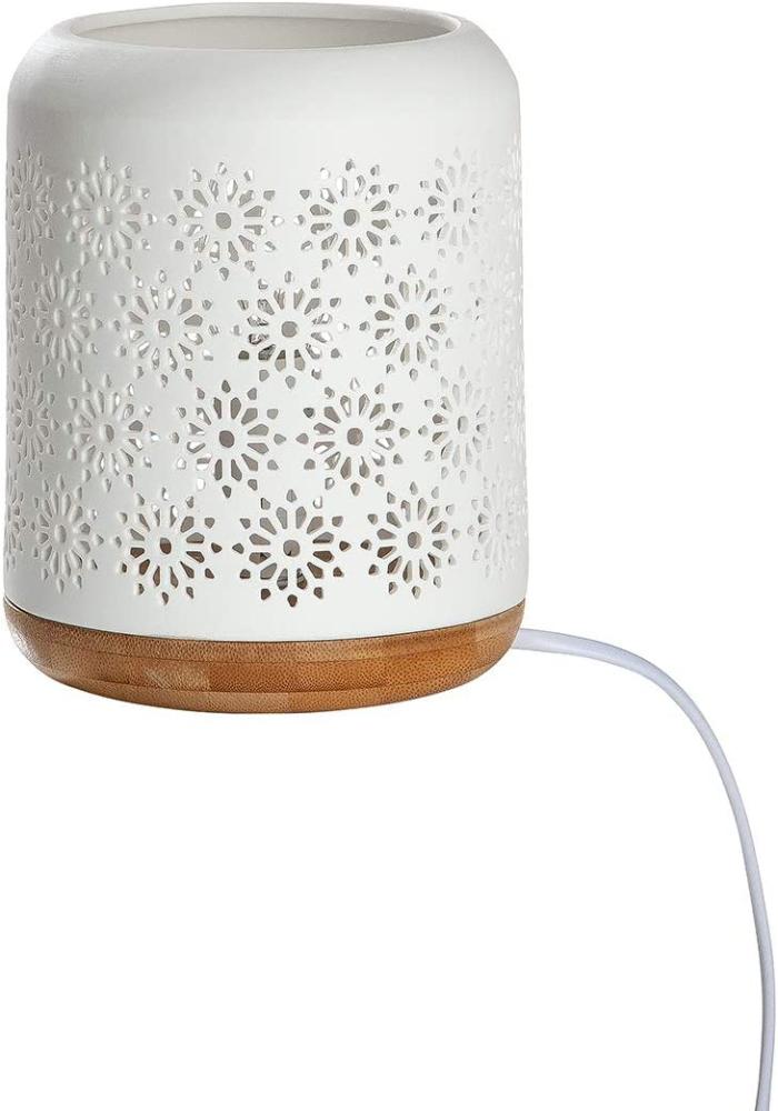 GILDE Porzellan Lampe Tischlampe Standlampe - Motiv: Blume - Farbe: Weiss Sockel in Holz Optik - Höhe 17,5 cm Bild 1