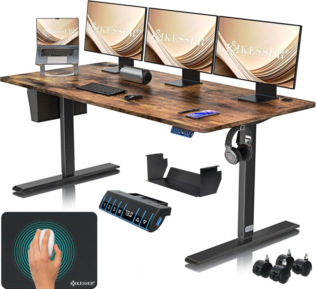 KESSER® Höhenverstellbarer Schreibtisch elektrisch | Ergonomisch Steh-Sitz Schreibtisch | 3-Funktions-Memory Steuerung | Inkl. 360° Rollen & USB-Ladeanschluss | Computertisch für Homeoffice Braun, 180 x 80 cm Bild 1