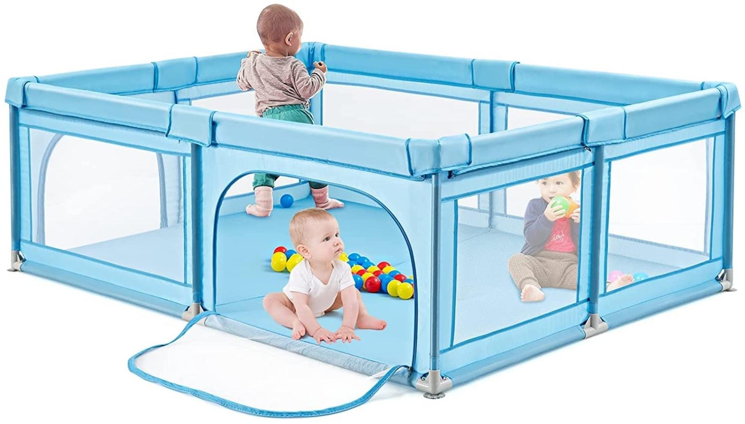COSTWAY Baby Laufstall mit 50 Bällen & 2 Türen, Laufgitter mit atmungsaktivem Netz und Reißverschluss, Krabbelgitter, Laufgitterzelt für Säuglinge und Kleinkinder (Blau) Bild 1